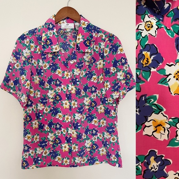 Worthington Tops - vintage multicolor floral short sleeve button up blouse top [0338]